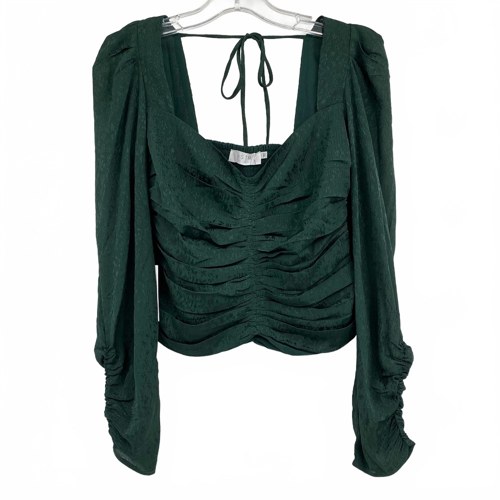 Astr Green Satin Square Neck Puff Sleeve Blouse | Women’s M